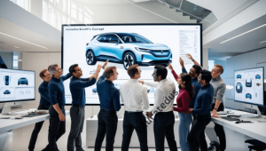 Professional automotive designers collaborating on electric vehicle concept development in modern design studio